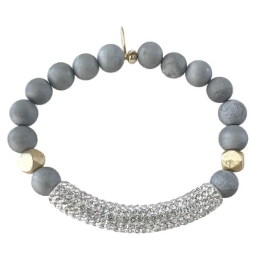 Stretch Bracelet Gray Druzy Stone Gray Beads & Gray Rhinestone Crystal Bar NEW